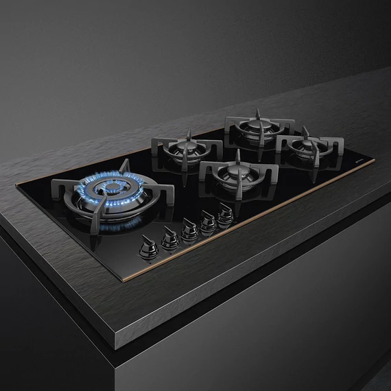 SMEG GÁZ FŐZŐLAP,Dolce Stil Novo,90 cm,90 cm,5 égő,fekete üvegkerámia inox díszítéssel,egyenes élű üveg