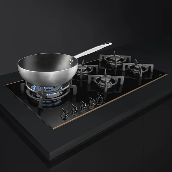 SMEG GÁZ FŐZŐLAP,Dolce Stil Novo,90 cm,90 cm,5 égő,fekete üvegkerámia inox díszítéssel,egyenes élű üveg