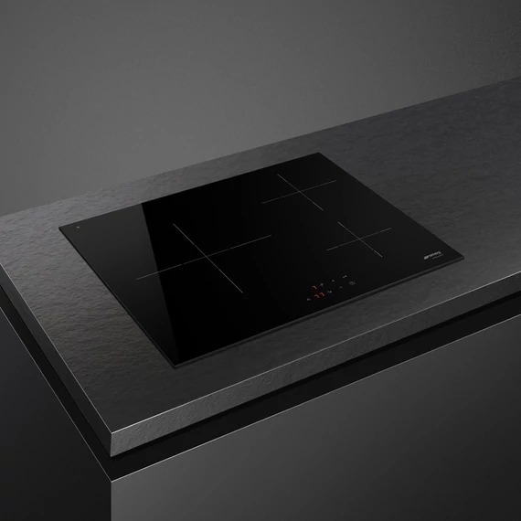 SMEG INDUKCIÓS FŐZŐLAP, Universal design, 60 cm, 3 főzőzóna, nagy zóna a bal oldalon, egyenes él, fekete üveg