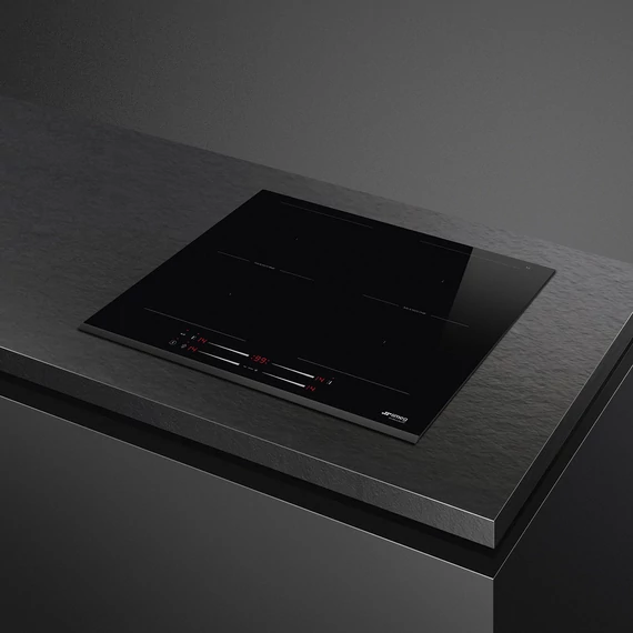 SMEG INDUKCIÓS FŐZŐLAP, Universal design, 60 cm, 4 főzőzóna, 2 MultiZone híd zóna, lekerekített él, fekete üveg