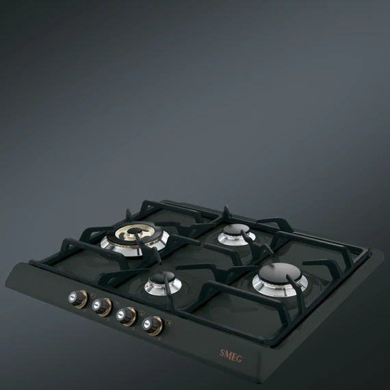 SMEG GÁZ FŐZŐLAP,Cortina,60 cm,3 norm + 1 db 4 kW-os ultra-wok égő,öntöttvas edénytart,antracit,bronz gombok