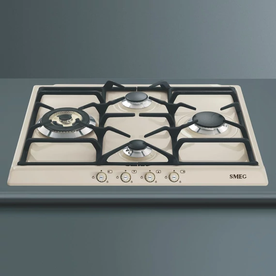 SMEG GÁZ FŐZŐLAP,Cortina,60 cm,3 norm + 1 db 4 kW-os ultra-wok égő,öntöttvas edénytart,bézs,bronz gombok