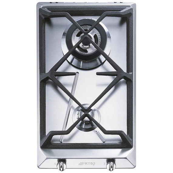 SMEG DOMINO GÁZ FŐZŐLAP, Contemporary design, 31 cm, 2 gázégő (hátsó: 3,3 kW-os wok), szálcsiszolt rozsdamentes acél
