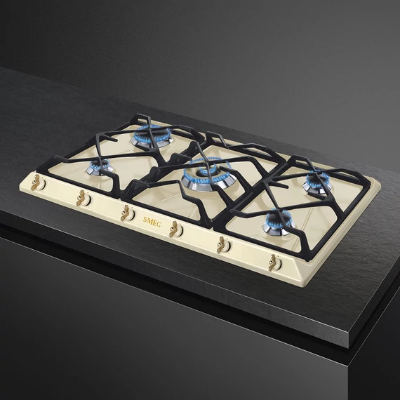 SMEG GÁZ FŐZŐLAP, Colonial, 90 cm, 4 db norm + 1 db 5 kW-os wok égő, öntöttvas edénytart,bézs,bronz vezérlőgomb