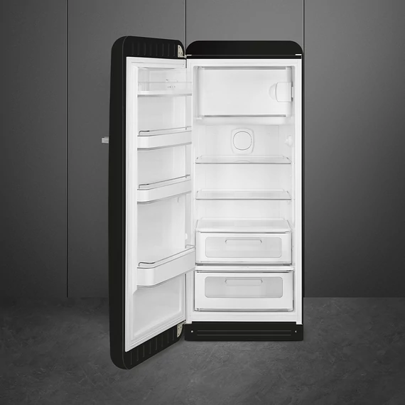 SMEG FAB28 Egyajtós hűtőszekrény, felül fagyasztórekesszel, balos - 50-es évek retro design, fekete - nyitva