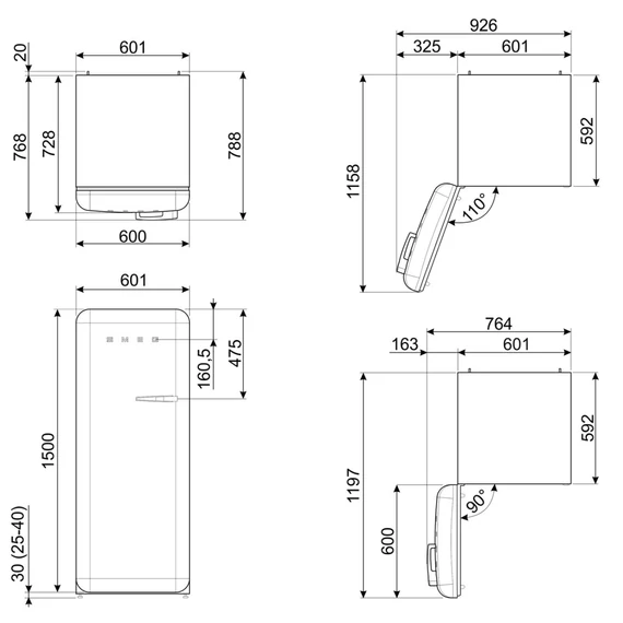 SMEG FAB28 Egyajtós hűtőszekrény, felül fagyasztórekesszel, balos - 50-es évek retro design, fehér - műszaki rajz