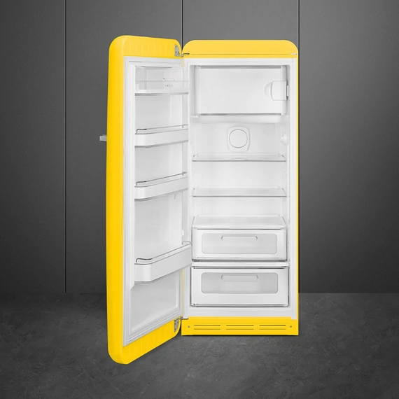 SMEG FAB28 Egyajtós hűtőszekrény, felül fagyasztórekesszel, balos - 50-es évek retro design, sárga - nyitva