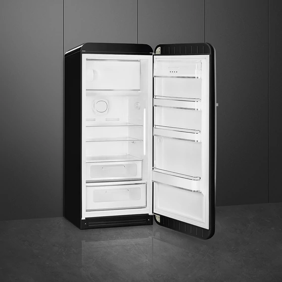 SMEG FAB28 Egyajtós hűtőszekrény, felül fagyasztórekesszel, jobbos - 50-es évek retro design, fekete - nyitva