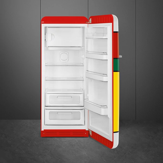 SMEG FAB28 Egyajtós hűtőszekrény, felül fagyasztórekesszel, jobbos - 50-es évek retro design, multicolor - nyitva, szemből
