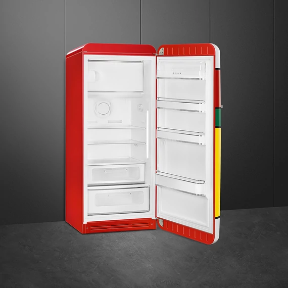 SMEG FAB28 Egyajtós hűtőszekrény, felül fagyasztórekesszel, jobbos - 50-es évek retro design, multicolor - nyitva, oldalról