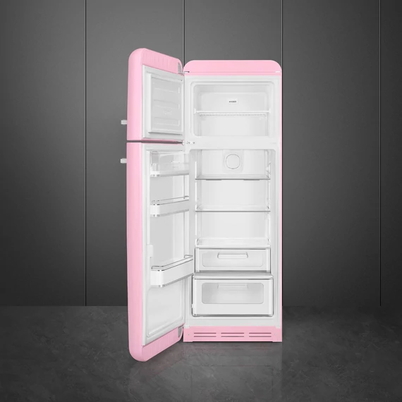 SMEG FAB30 Kétajtós felülfagyasztós kombinált hűtőszekrény, balos - 50-es évek retro design, rózsaszín - nyitva