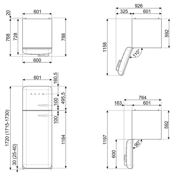 SMEG FAB30 Kétajtós felülfagyasztós kombinált hűtőszekrény, balos - 50-es évek retro design, ezüst - műszaki rajz