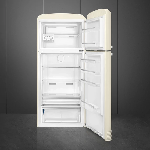 SMEG FAB50 Kétajtós felülfagyasztós kombinált hűtőszekrény, jobbos - 50-es évek retro design, bézs - nyitva, szemből