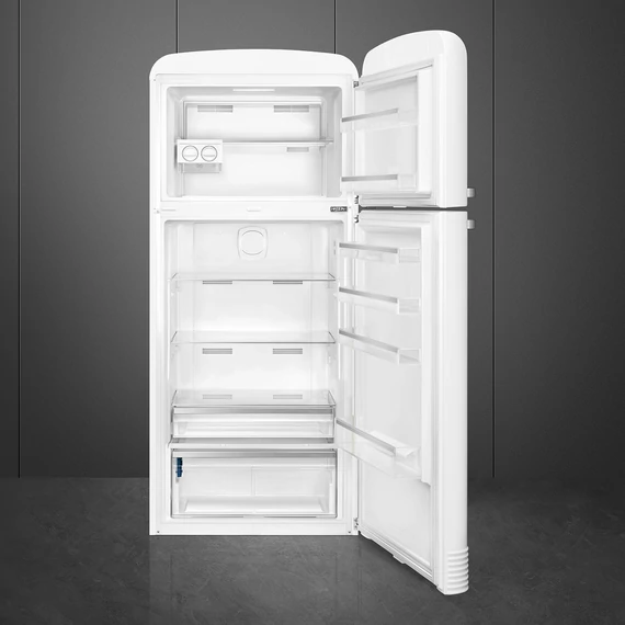 SMEG FAB50 Kétajtós felülfagyasztós kombinált hűtőszekrény, jobbos - 50-es évek retro design, fehér - nyitva, szemből