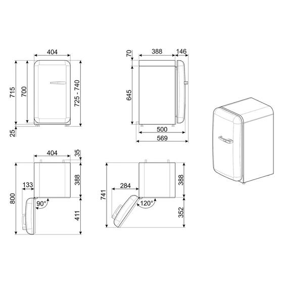 SMEG FAB5 Minibár hűtő, balos - 50-es évek retro design, narancssárga - műszaki rajz