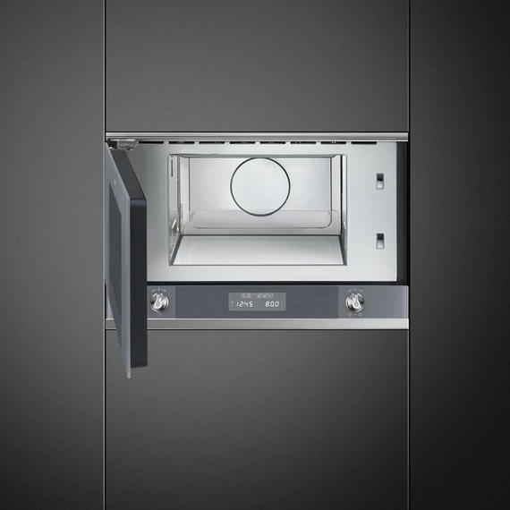 SMEG MIKROHULLÁMÚ SÜTŐ, Linea ,BEÉP., 22 liter, 6 funkció, LED kijelző,forgótányér nélküli, ezüst szürke üveg
