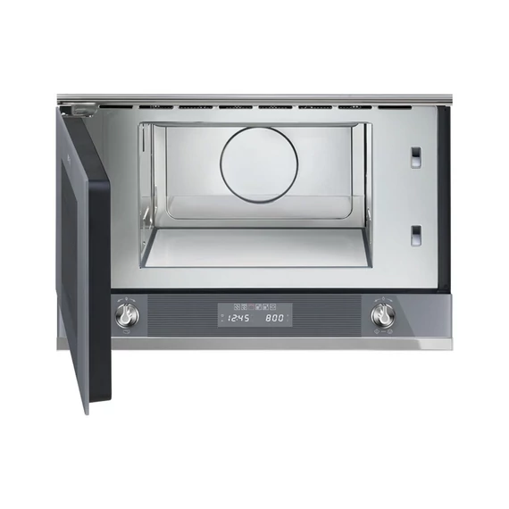 SMEG MIKROHULLÁMÚ SÜTŐ, Linea ,BEÉP., 22 liter, 6 funkció, LED kijelző,forgótányér nélküli, ezüst szürke üveg