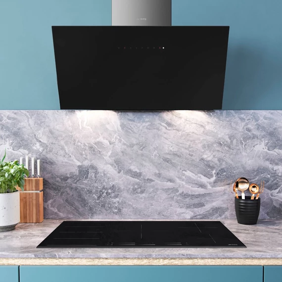 SMEG UNIVERSALE design vertikális fali páraelszívó, 90 cm, fekete üveg, inox kürtő