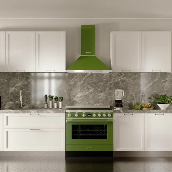 SMEG PORTOFINO design kürtős fali páraelszívó, 90 cm, oliva zöld