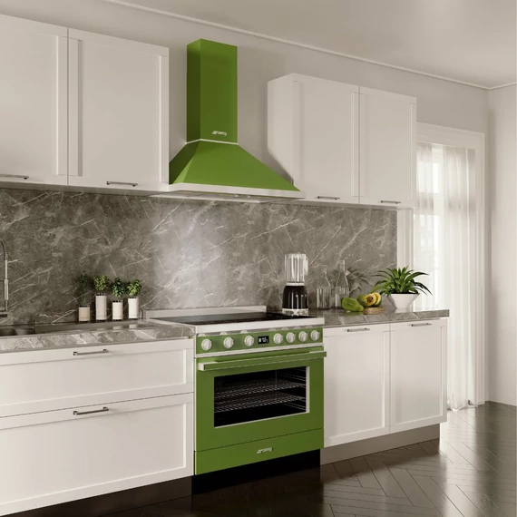 SMEG PORTOFINO design kürtős fali páraelszívó, 90 cm, oliva zöld