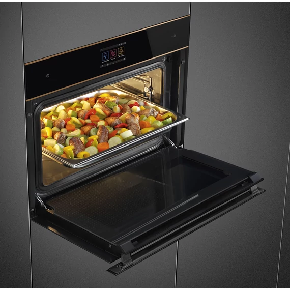 SMEG Kombinált Kompakt gőzsütő - Dolce Stil Novo design, fekete üveg, réz díszítéssel