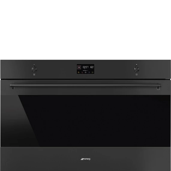 SMEG 90 cm széles hőlégkeveréses sütő, pirolitikus tisztítással, LCD kijelzővel, érintő és tekerőgombokkal -  Classica design, matt fekete