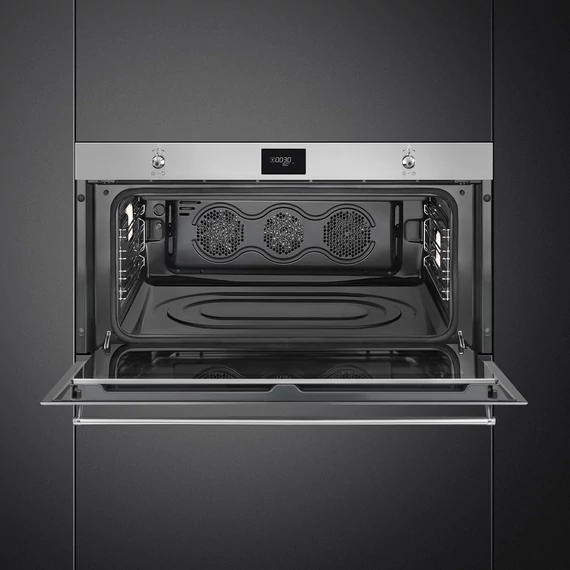 SMEG 90 cm széles hőlégkeveréses sütő, pirolitikus tisztítással, LCD kijelzővel, tekerőgombokkal - Classica design, inox