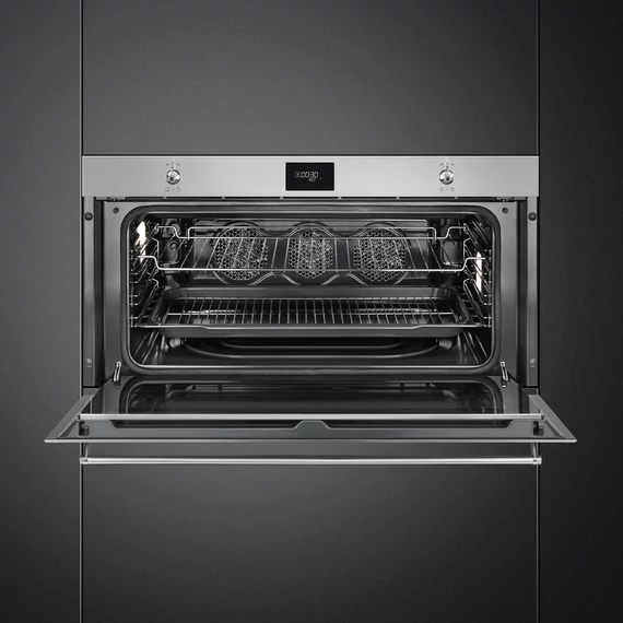 SMEG 90 cm széles hőlégkeveréses sütő, pirolitikus tisztítással, LCD kijelzővel, tekerőgombokkal - Classica design, inox