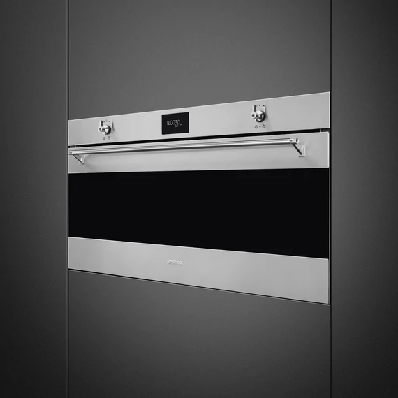 SMEG 90 cm széles hőlégkeveréses sütő, pirolitikus tisztítással, LCD kijelzővel, tekerőgombokkal - Classica design, inox