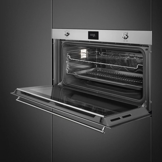 SMEG 90 cm széles hőlégkeveréses sütő, pirolitikus tisztítással, LCD kijelzővel, tekerőgombokkal - Classica design, inox