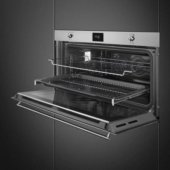 SMEG 90 cm széles hőlégkeveréses sütő, pirolitikus tisztítással, LCD kijelzővel, tekerőgombokkal - Classica design, inox