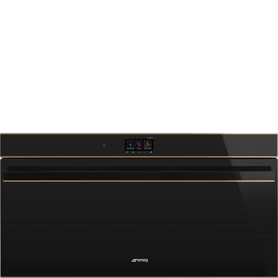 SMEG 90 cm széles hőlégkeveréses sütő, pirolitikus tisztítással, TFT kijelzővel - Dolce Stil Novo design, fekete üveg, réz díszítéssel