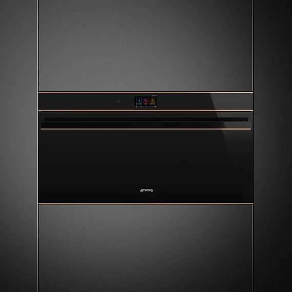 SMEG 90 cm széles hőlégkeveréses sütő, pirolitikus tisztítással, TFT kijelzővel - Dolce Stil Novo design, fekete üveg, réz díszítéssel
