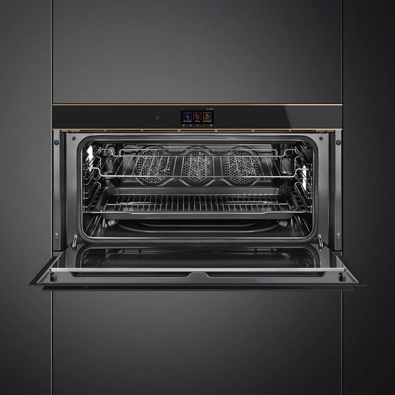 SMEG 90 cm széles hőlégkeveréses sütő, pirolitikus tisztítással, TFT kijelzővel - Dolce Stil Novo design, fekete üveg, réz díszítéssel