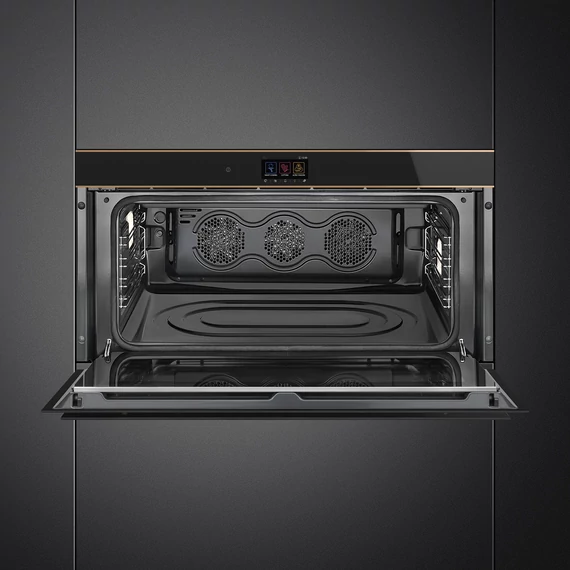 SMEG 90 cm széles hőlégkeveréses sütő, pirolitikus tisztítással, TFT kijelzővel - Dolce Stil Novo design, fekete üveg, réz díszítéssel