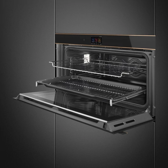 SMEG 90 cm széles hőlégkeveréses sütő, pirolitikus tisztítással, TFT kijelzővel - Dolce Stil Novo design, fekete üveg, réz díszítéssel