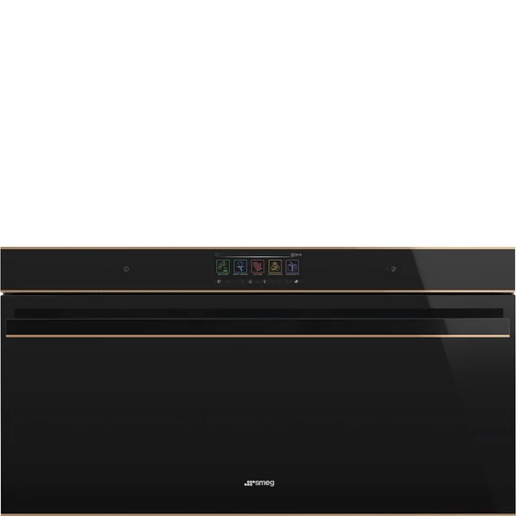 SMEG 90 cm széles hőlégkeveréses sütő, pirolitikus tisztítással, széles TFT kijelzővel, Wi-Fi kapcsolattal - Dolce Stil Novo design, fekete üveg, réz díszítéssel