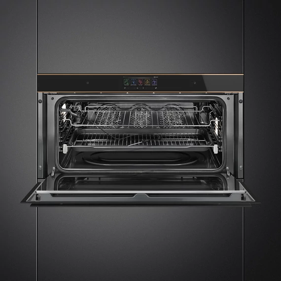 SMEG 90 cm széles hőlégkeveréses sütő, pirolitikus tisztítással, széles TFT kijelzővel, Wi-Fi kapcsolattal - Dolce Stil Novo design, fekete üveg, réz díszítéssel