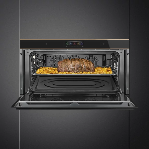 SMEG 90 cm széles hőlégkeveréses sütő, pirolitikus tisztítással, széles TFT kijelzővel, Wi-Fi kapcsolattal - Dolce Stil Novo design, fekete üveg, réz díszítéssel