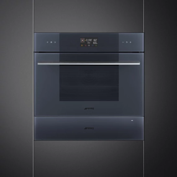 SMEG Kompakt kombinált mikrohullámú sütő Galileo sütőtérrel, nagy LCD kijelzővel - Linea design, neptune szürke üveg