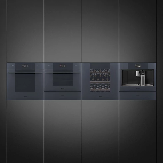 SMEG Kompakt kombinált mikrohullámú sütő Galileo sütőtérrel, nagy LCD kijelzővel - Linea design, neptune szürke üveg