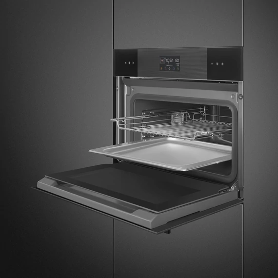 SMEG Galileo Steam100 Kompakt kombinált gőzsütő, nagy LCD kijelzővel - Linea design, mélyfekete üveg