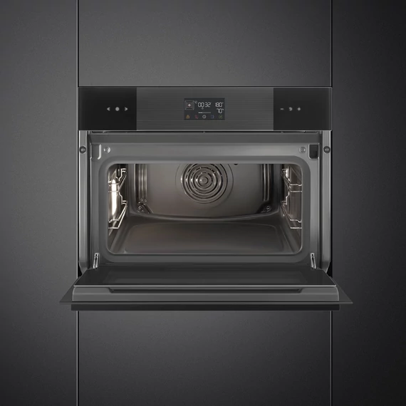 SMEG Galileo Steam100 Kompakt kombinált gőzsütő, nagy LCD kijelzővel - Linea design, mélyfekete üveg