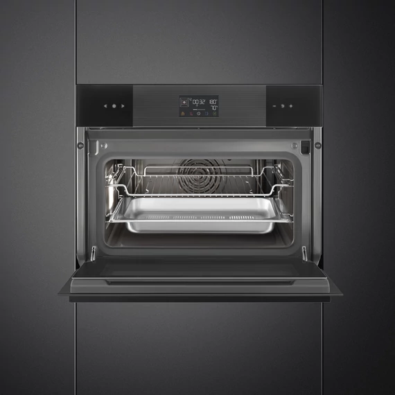SMEG Galileo Steam100 Kompakt kombinált gőzsütő, nagy LCD kijelzővel - Linea design, mélyfekete üveg