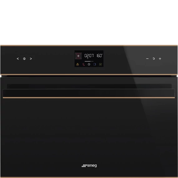 SMEG Kompakt kombinált mikrohullámú sütő Galileo sütőtérrel, nagy LCD kijelzővel - Dolce Stil Novo design, fekete üveg, réz díszítéssel
