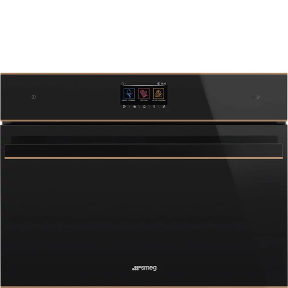SMEG Galileo Speedwave Kompakt kombinált mikrohullámú sütő, TFT kijelzővel - Dolce Stil Novo design, fekete üveg, réz díszítéssel