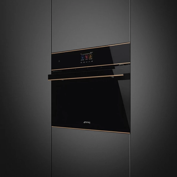 SMEG Galileo Speedwave Kompakt kombinált mikrohullámú sütő, TFT kijelzővel - Dolce Stil Novo design, fekete üveg, réz díszítéssel
