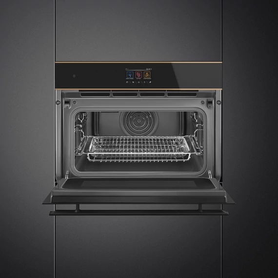 SMEG Galileo Speedwave Kompakt kombinált mikrohullámú sütő, TFT kijelzővel - Dolce Stil Novo design, fekete üveg, réz díszítéssel