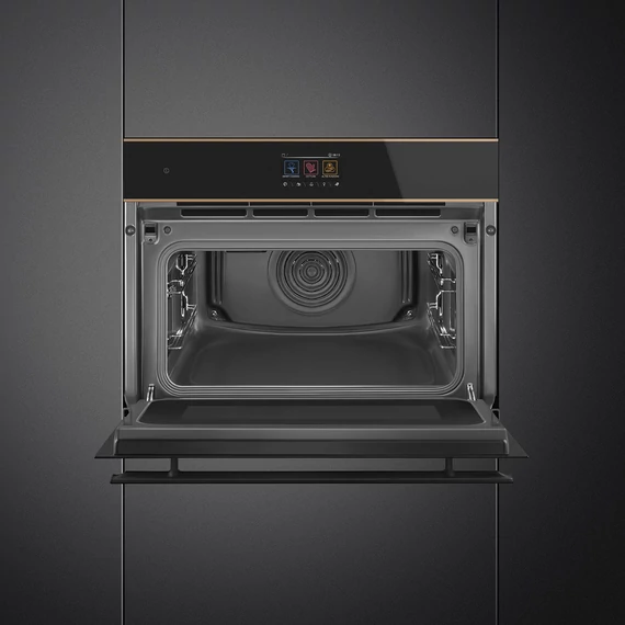 SMEG Galileo Speedwave Kompakt kombinált mikrohullámú sütő, TFT kijelzővel - Dolce Stil Novo design, fekete üveg, réz díszítéssel