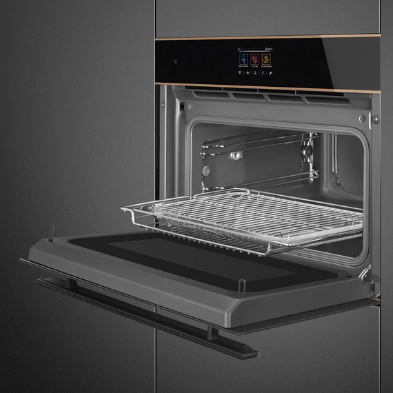 SMEG Galileo Speedwave Kompakt kombinált mikrohullámú sütő, TFT kijelzővel - Dolce Stil Novo design, fekete üveg, réz díszítéssel